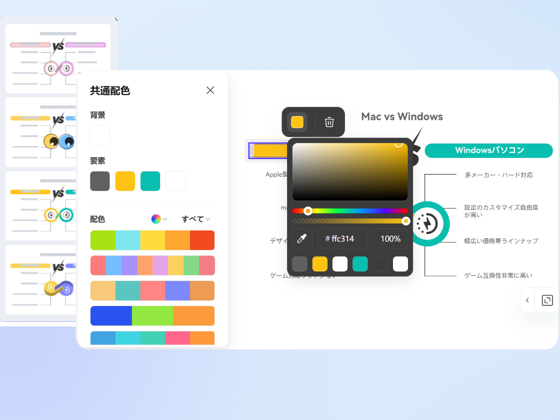 色やスタイル変更で差異を強調